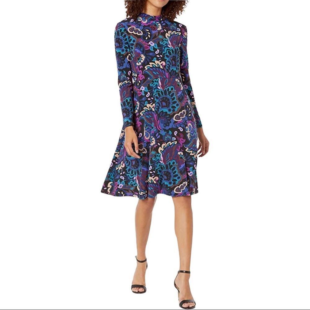 Trina Turk Tia Rosita Point Bonita Paisley Mock Neck Long Sleeve Dress Size 2 - Picture 4 of 13